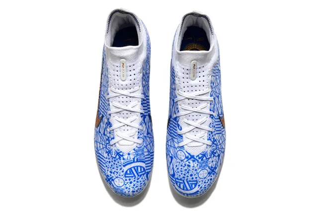 Nike Phantom GT Branco Azul Alto Corte Colar Ajuste à Meia Campo Firme Sapatos de Futebol 2