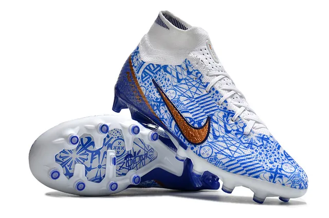Nike Phantom GT Branco Azul Alto Corte Colar Ajuste à Meia Campo Firme Sapatos de Futebol 3