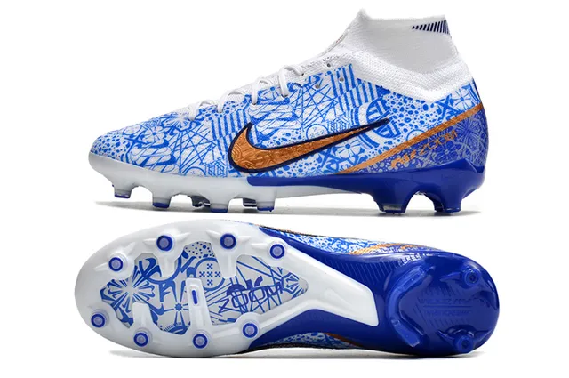 Nike Phantom GT Branco Azul Alto Corte Colar Ajuste à Meia Campo Firme Sapatos de Futebol 5