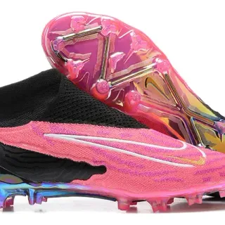 Nike Sapatos de Futebol Rosa Preto Alto Corte Ajuste Meia Superior Translucido Iridescente Sola Terreno Firme
