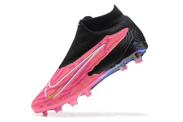 Nike Rosa Negro Alto Corte Ajuste Calcetín Superior Translucido Iridiscente Suela Terreno Firme Zapatillas de Fútbol 4
