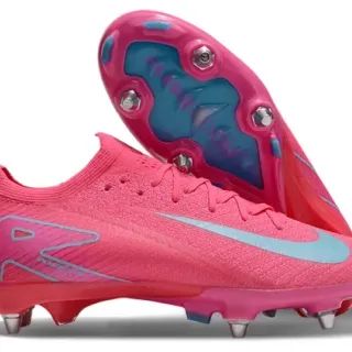 Nike Sapatos de futebol com upper de knit rosa e azul, cordões assimétricos para terreno firme