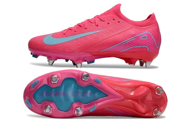 Nike Sapatos de futebol com upper de knit rosa e azul, cordões assimétricos para terreno firme 5