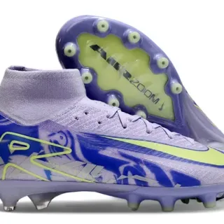 Nike Purple Green Alto Corte Ajuste Meia Superior Malha Construção Solo Firme Sapatos de Futebol