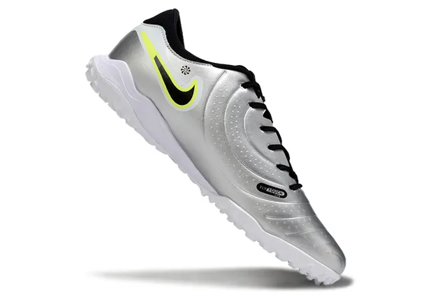 Nike Tiempo Prata Preto Metálico Sintético Superior Swoosh Overlay Turf Sapatos de Futebol 2