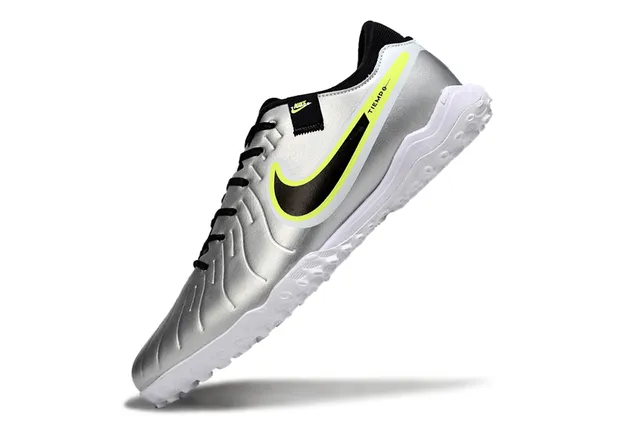 Nike Tiempo Prata Preto Metálico Sintético Superior Swoosh Overlay Turf Sapatos de Futebol 3