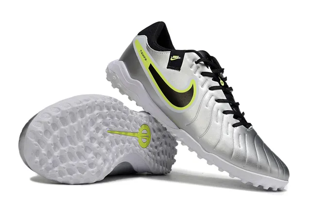 Nike Tiempo Prata Preto Metálico Sintético Superior Swoosh Overlay Turf Sapatos de Futebol 4