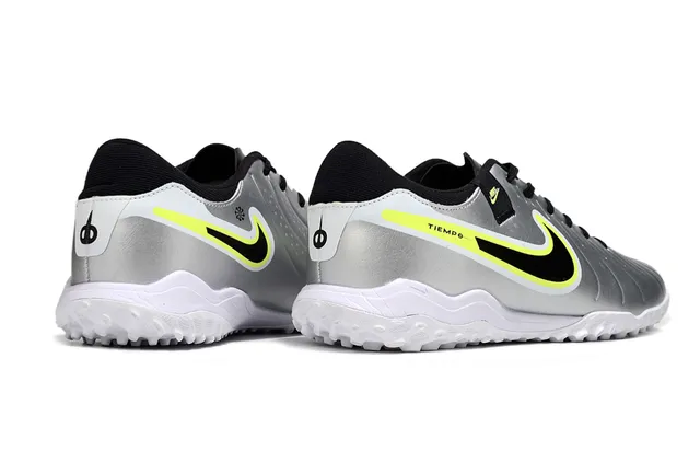 Nike Tiempo Prata Preto Metálico Sintético Superior Swoosh Overlay Turf Sapatos de Futebol 5