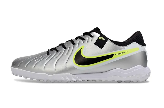 Nike Tiempo Prata Preto Metálico Sintético Superior Swoosh Overlay Turf Sapatos de Futebol 6