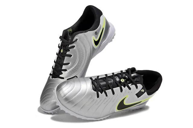 Nike Tiempo Prata Preto Metálico Sintético Superior Swoosh Overlay Turf Sapatos de Futebol 7