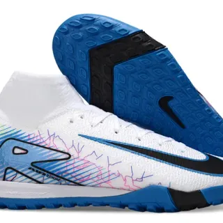 Nike White Blue High-Cut Flyknit Upper Multicolor Graphic Overlay Turf Soccer Shoes