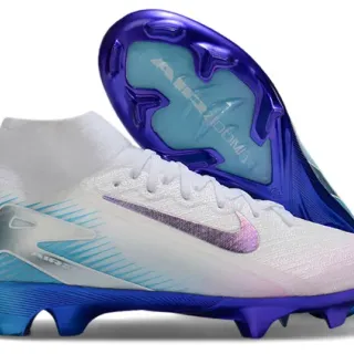 Nike Blanc Bleu Chaussures de Football Talon Haut en Tricot Supérieur Iridescent Swoosh Terrain Ferme