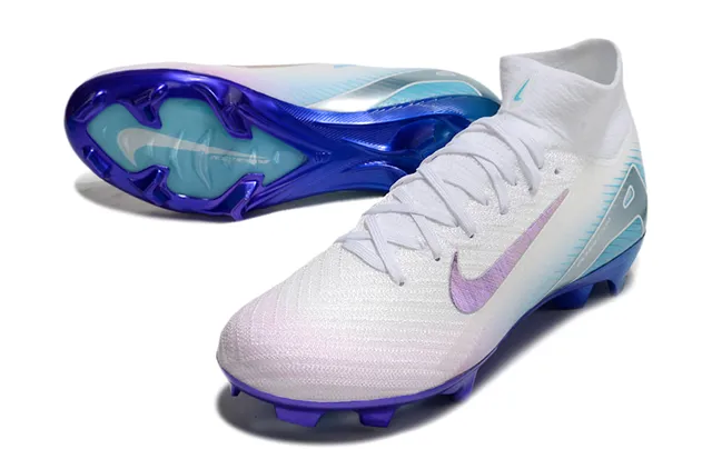 Nike Blanc Bleu Chaussures de Football Talon Haut en Tricot Supérieur Iridescent Swoosh Terrain Ferme 3