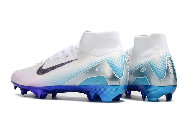 Nike Blanc Bleu Chaussures de Football Talon Haut en Tricot Supérieur Iridescent Swoosh Terrain Ferme 4