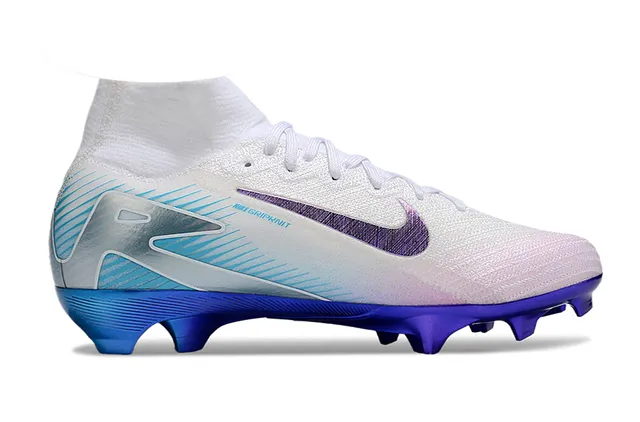 Nike Blanc Bleu Chaussures de Football Talon Haut en Tricot Supérieur Iridescent Swoosh Terrain Ferme 5