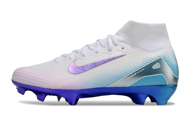 Nike Blanc Bleu Chaussures de Football Talon Haut en Tricot Supérieur Iridescent Swoosh Terrain Ferme 6