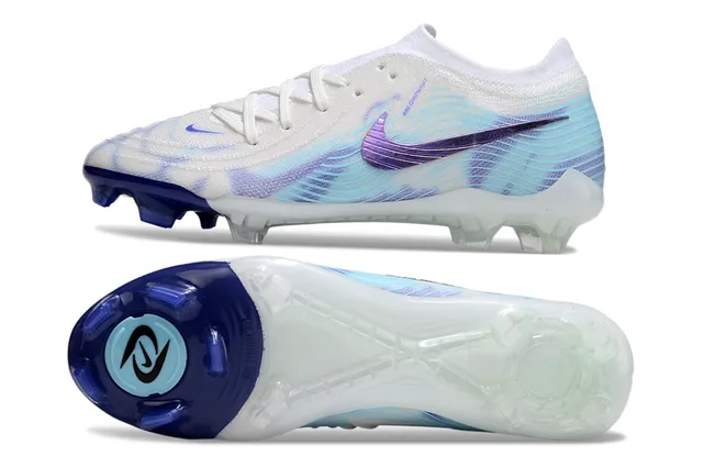 Nike Sapatos de Futebol Branco e Azul Baixo Corte Upper de Malha Iridescente Swoosh Solo Firme 6