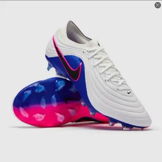Nike Branco Azul Upper Sintético Ribeteado Lacing Assimétrico Terra Firme Chuteira de Futebol