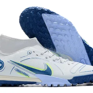 Nike Tênis de Futebol Turf Branco Azul Colar de Meia Cadarço Assimétrico