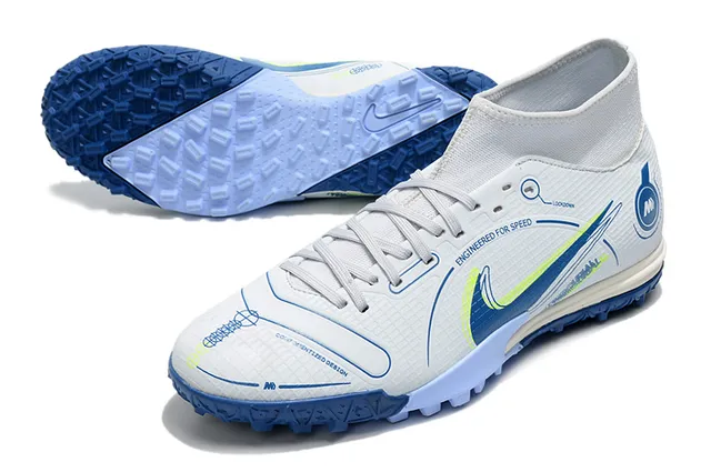 Nike White Blue Sock-Fit Collar Asymmetrical Lacing Turf Soccer Shoes 4