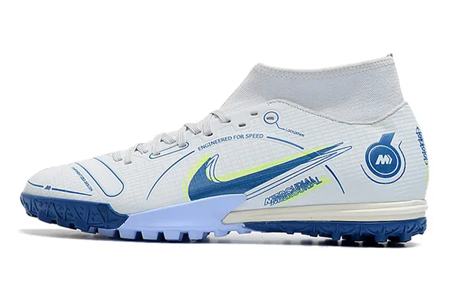 Nike White Blue Sock-Fit Collar Asymmetrical Lacing Turf Soccer Shoes 7