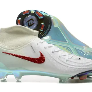 Nike chaussures de football de surface ferme blanc rouge à coupe haute avec col en maille texturé et Swoosh texturé