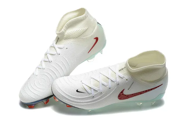 Nike sapatos de futebol de superfície firme branco e vermelho de corte alto com gola de malha texturizada e Swoosh texturizado 4