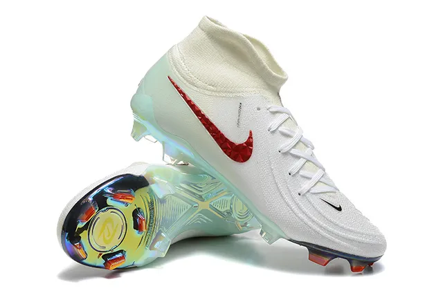 Nike sapatos de futebol de superfície firme branco e vermelho de corte alto com gola de malha texturizada e Swoosh texturizado 7