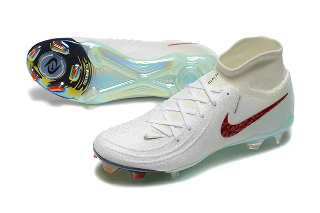 Nike sapatos de futebol de superfície firme branco e vermelho de corte alto com gola de malha texturizada e Swoosh texturizado 8