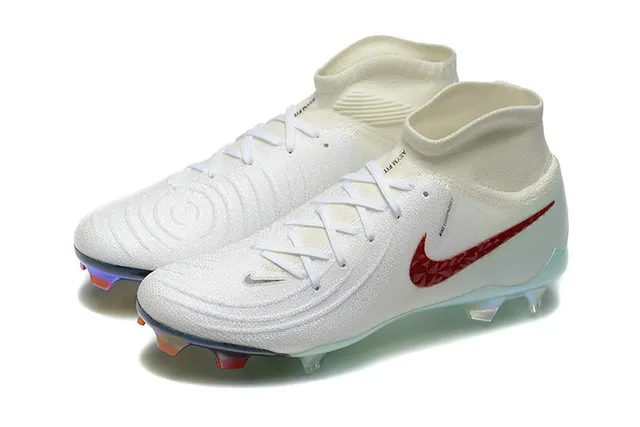 Nike sapatos de futebol de superfície firme branco e vermelho de corte alto com gola de malha texturizada e Swoosh texturizado 9