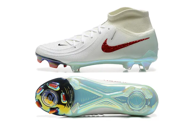 Nike sapatos de futebol de superfície firme branco e vermelho de corte alto com gola de malha texturizada e Swoosh texturizado 10