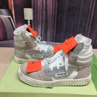Off-White Beige Silver High-Top Glitter-Accented Lifestyle Sneakers