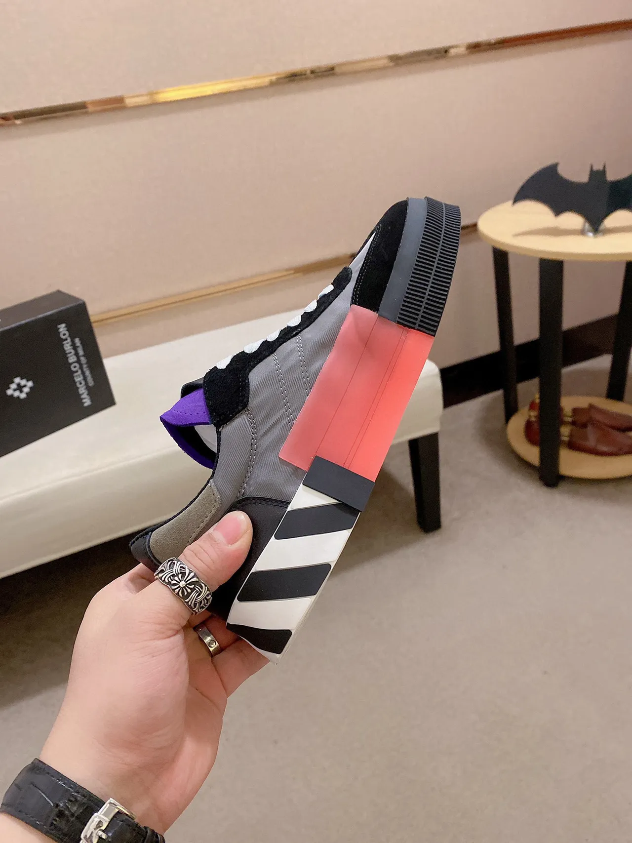 Off-White Black Gray Industrial-Inspired Diagonal Striped Midsole Lifestyle Sneakers 7