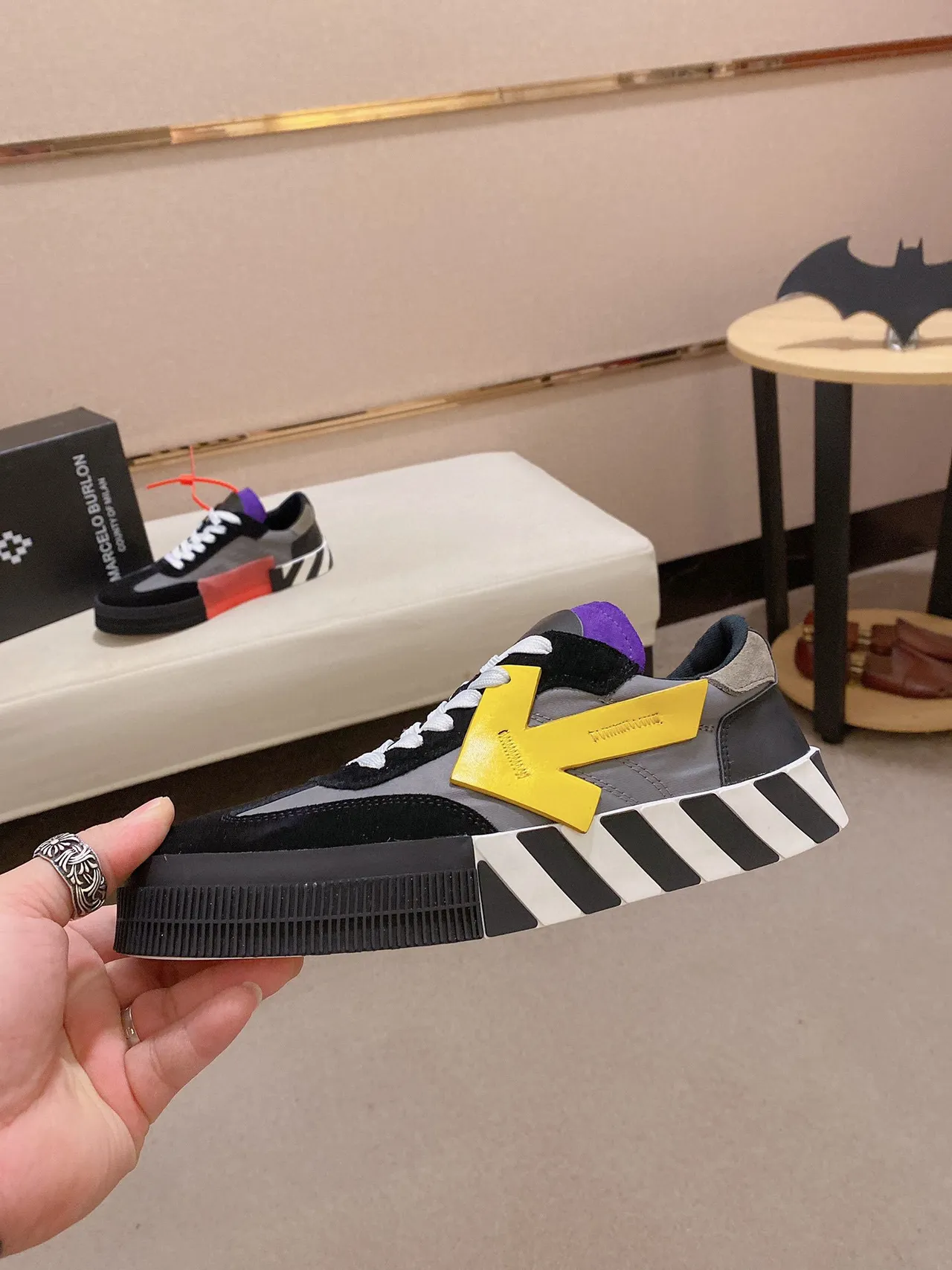 Off-White Black Gray Industrial-Inspired Diagonal Striped Midsole Lifestyle Sneakers 8