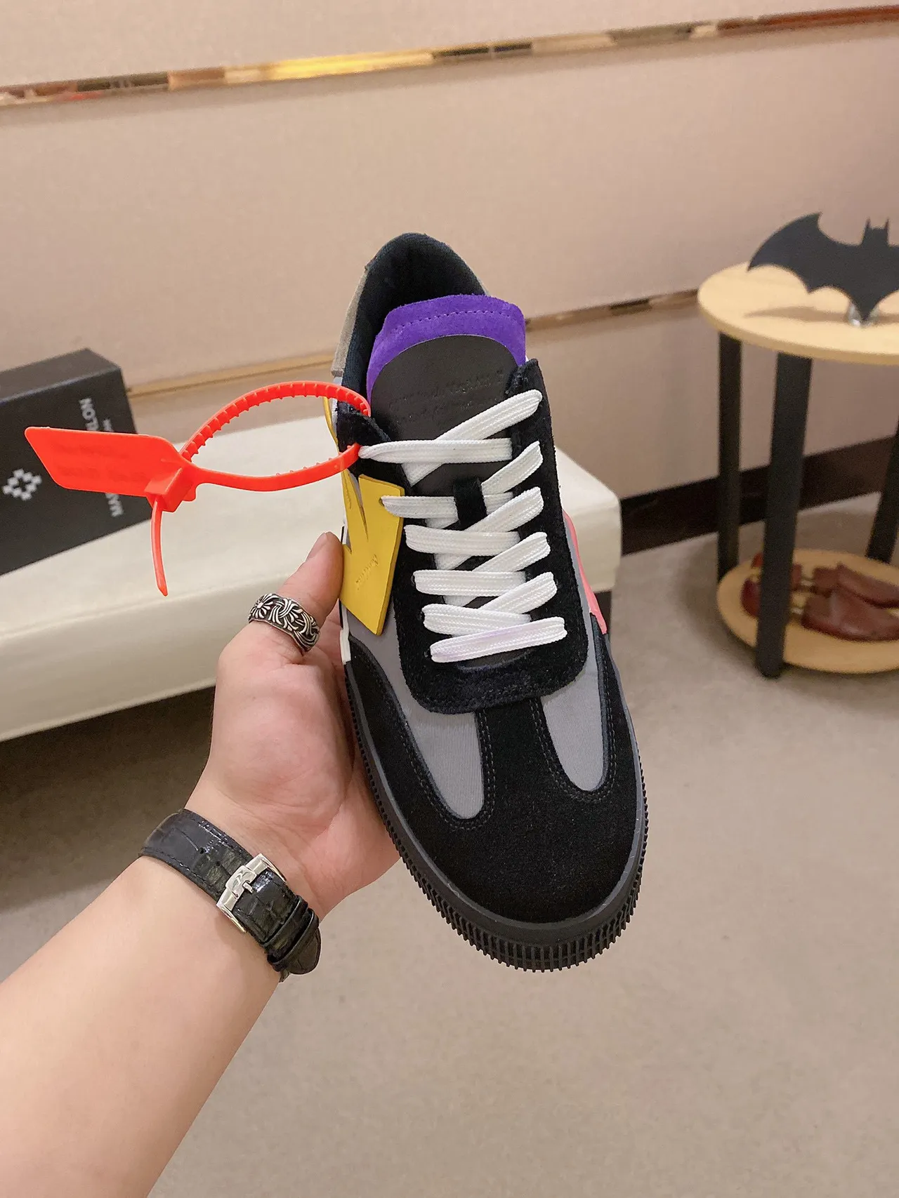 Off-White Black Gray Industrial-Inspired Diagonal Striped Midsole Lifestyle Sneakers 9