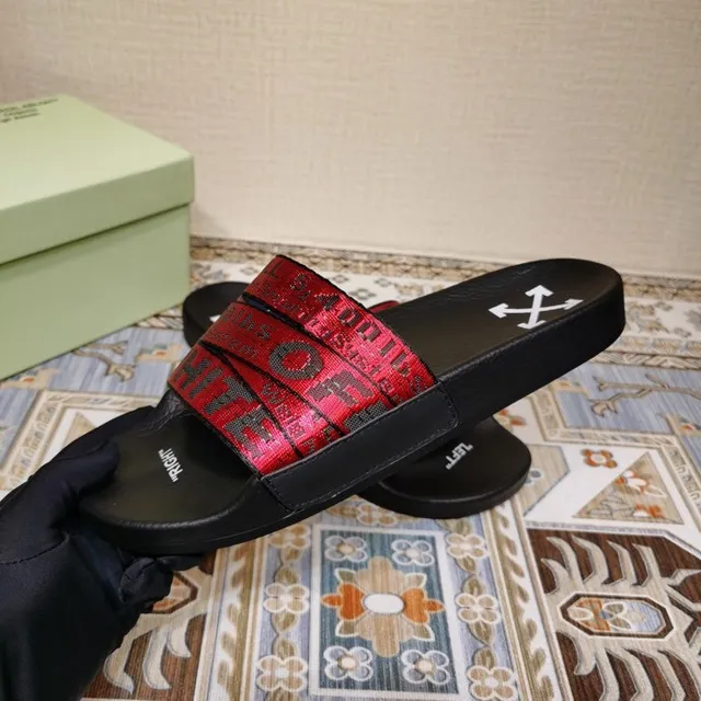 Off-White Slide أسود وأحمر معدني حزام صناعي نعال 5