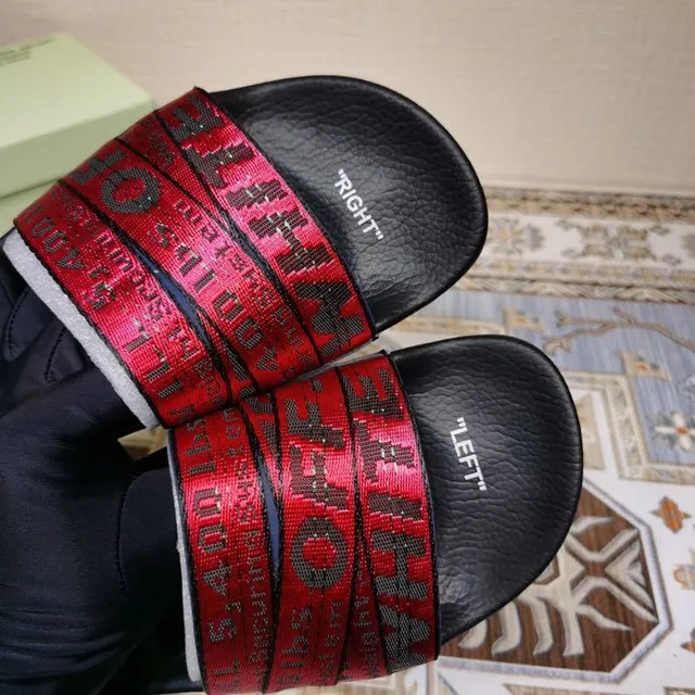 Off-White Slide أسود وأحمر معدني حزام صناعي نعال 6
