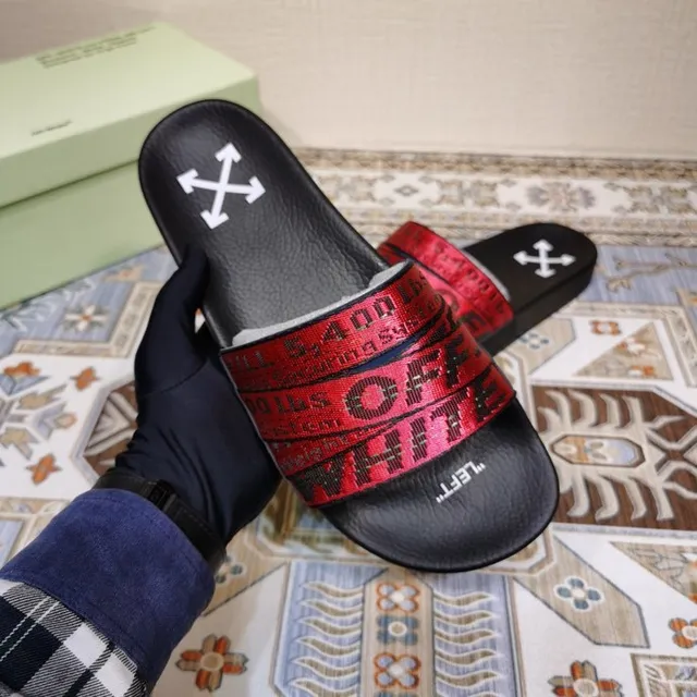Off-White Slide أسود وأحمر معدني حزام صناعي نعال 7