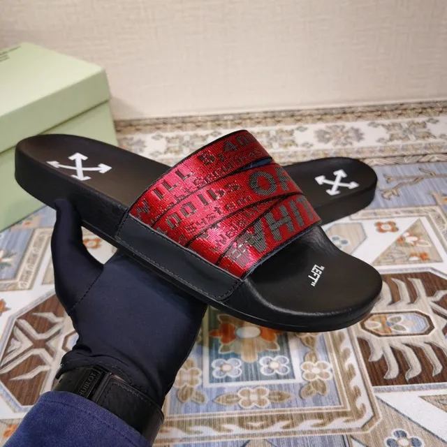 Off-White Slide أسود وأحمر معدني حزام صناعي نعال 8