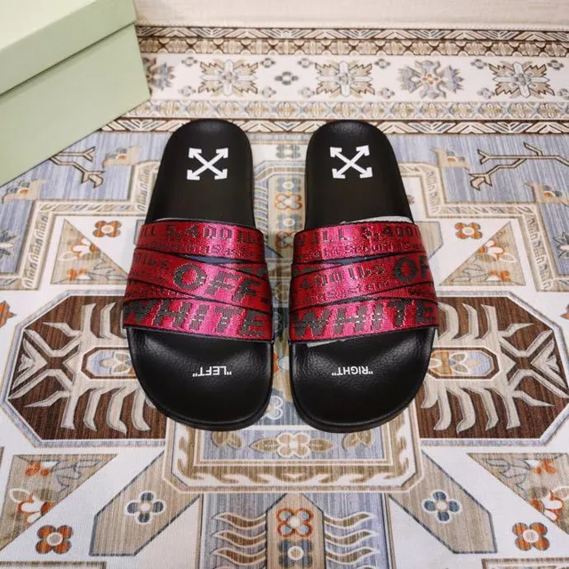 Off-White Slide أسود وأحمر معدني حزام صناعي نعال 9