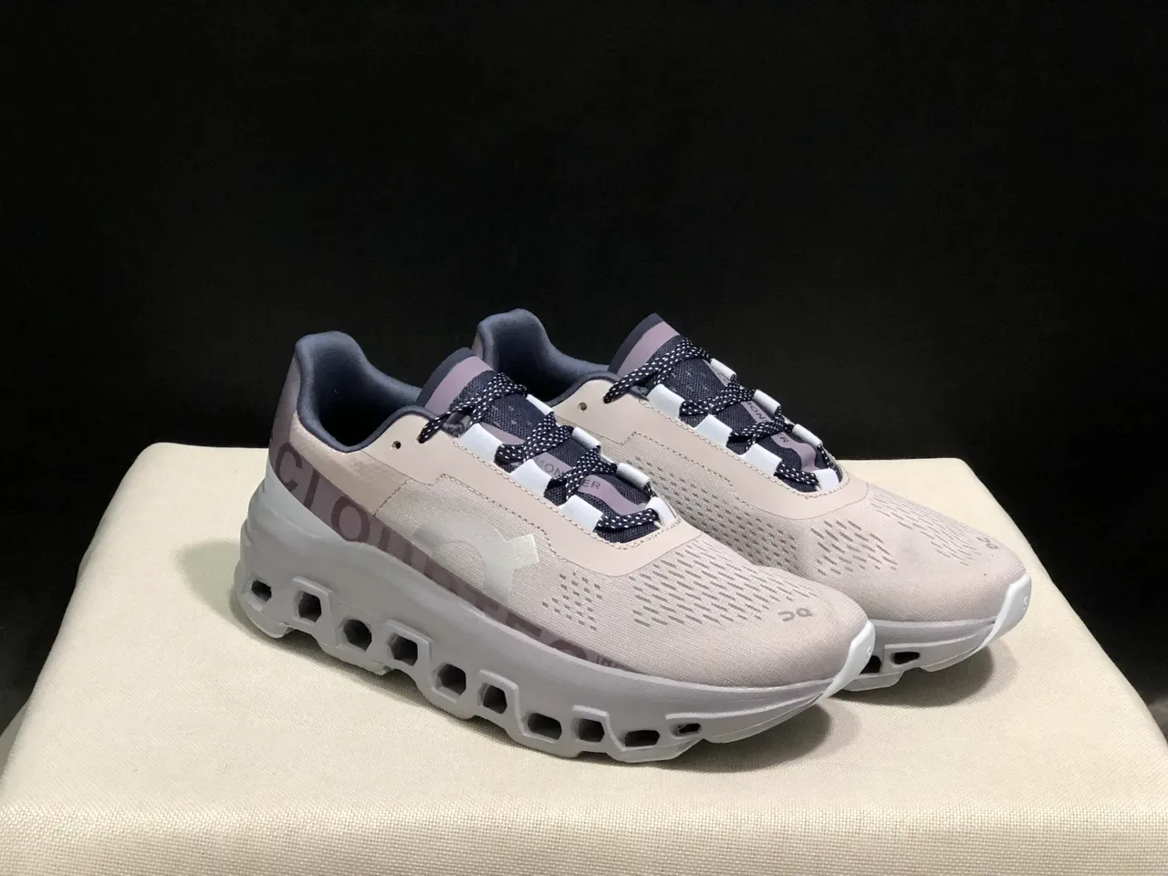 On Cloudmonster Beige Navy Running Shoes 3