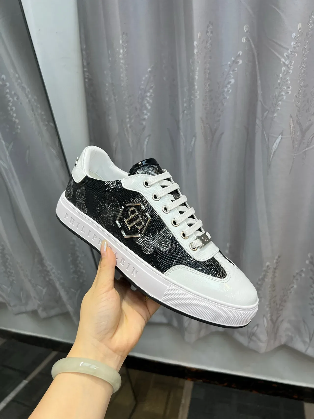 Philipp Plein 黑白花卉蛇皮低帮生活方式运动鞋 6