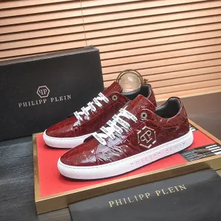 Philipp Plein लाल सफेद मगरमच्छ-उभरा चमड़ा षट्कोणीय लोगो प्लेक जीवन शैली स्नीकर