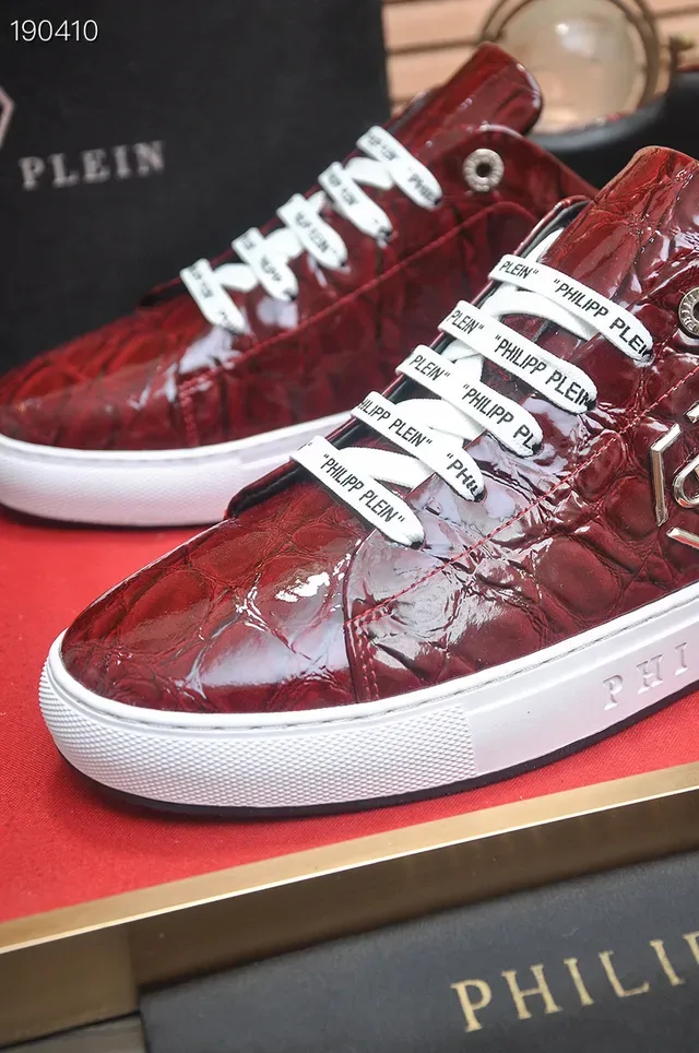 Philipp Plein Red White Crocodile-Embossed Leather Hexagonal Logo Plaque Lifestyle Sneakers 3