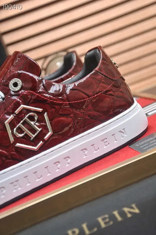 Philipp Plein Red White Crocodile-Embossed Leather Hexagonal Logo Plaque Lifestyle Sneakers 4