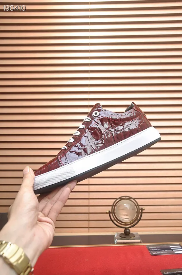 Philipp Plein Red White Crocodile-Embossed Leather Hexagonal Logo Plaque Lifestyle Sneakers 5