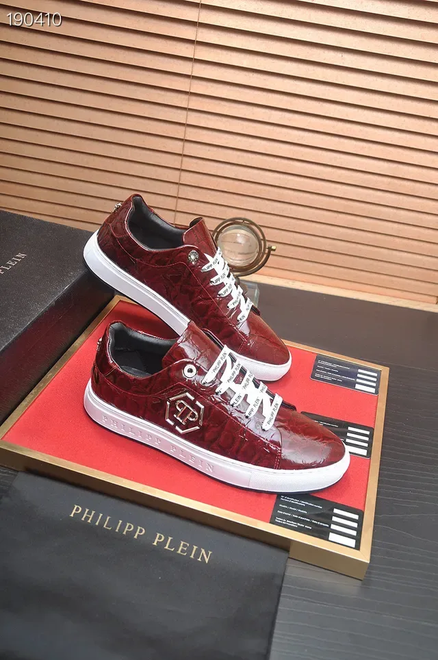 Philipp Plein Red White Crocodile-Embossed Leather Hexagonal Logo Plaque Lifestyle Sneakers 6