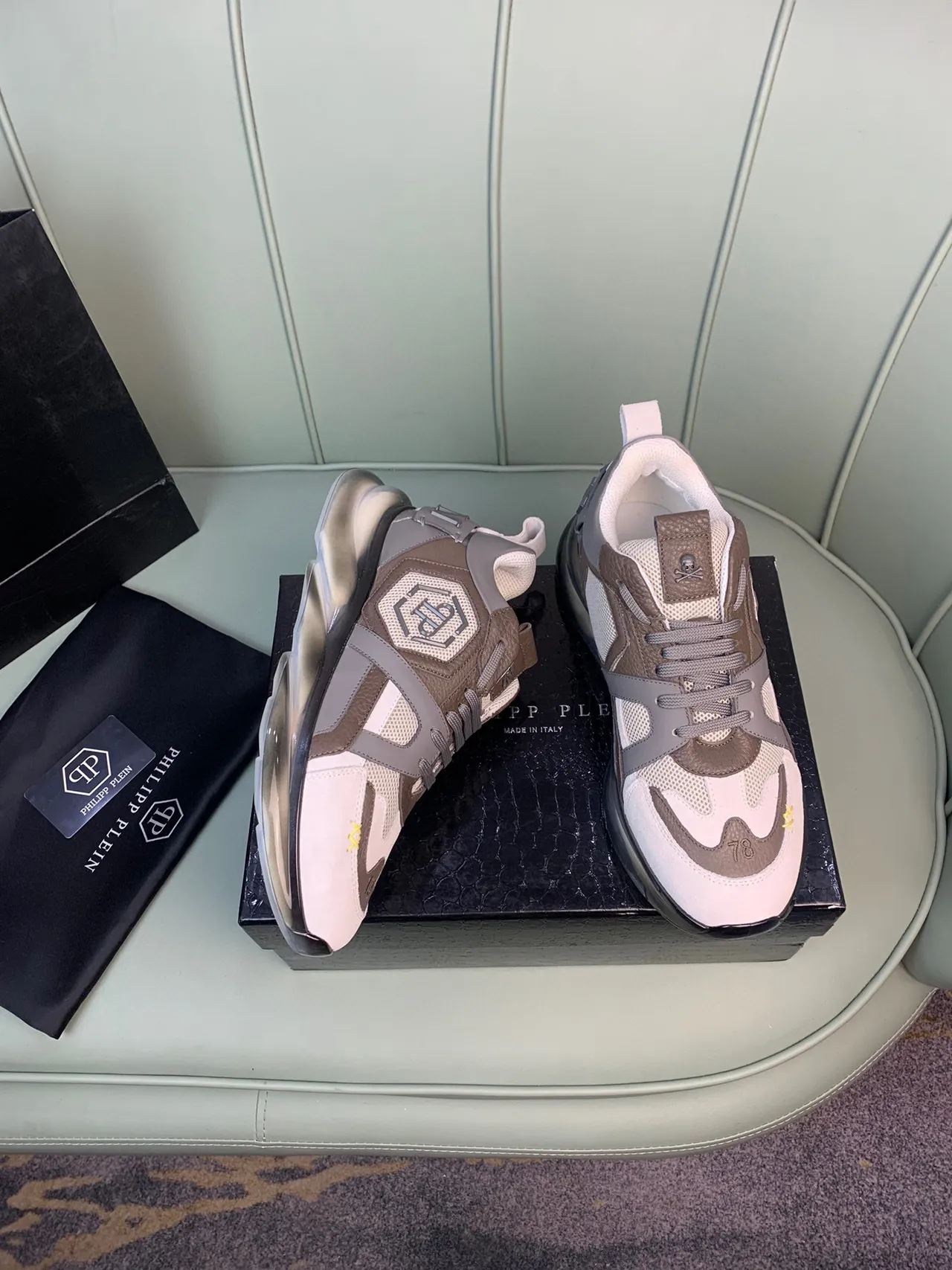 Philipp Plein White Beige Chunky Sole Mesh And Leather Paneling Sneakers 5