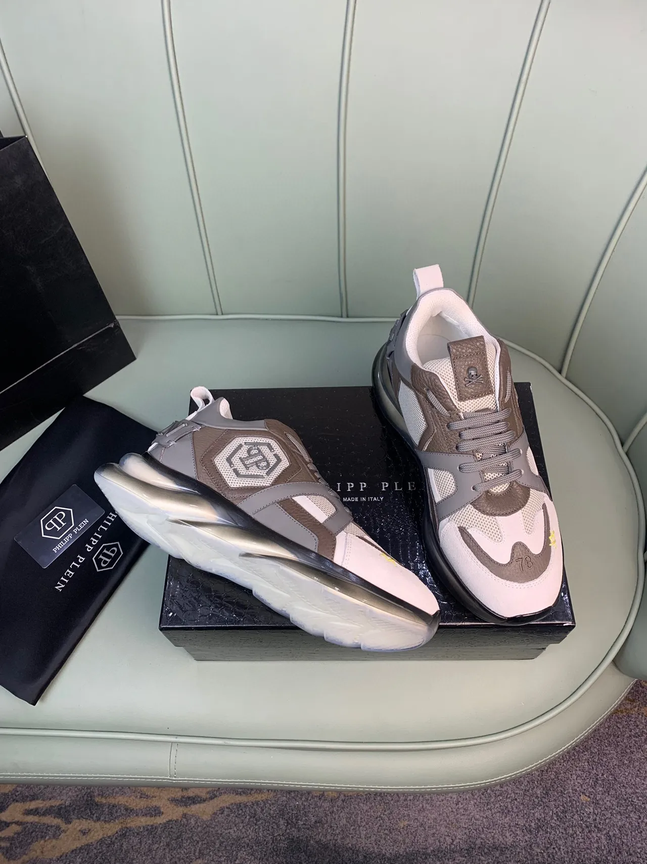 Philipp Plein White Beige Chunky Sole Mesh And Leather Paneling Sneakers 6