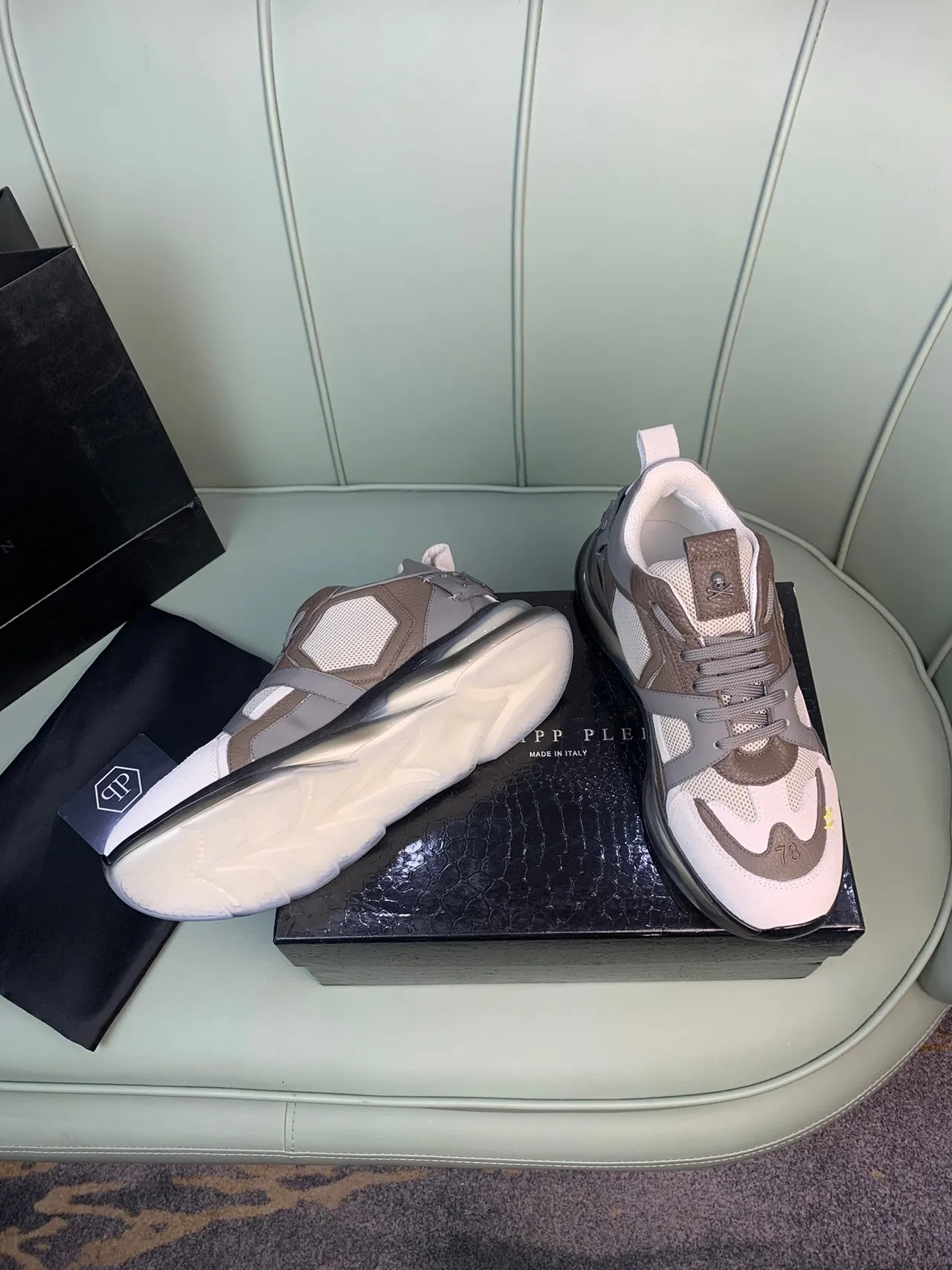 Philipp Plein White Beige Chunky Sole Mesh And Leather Paneling Sneakers 7